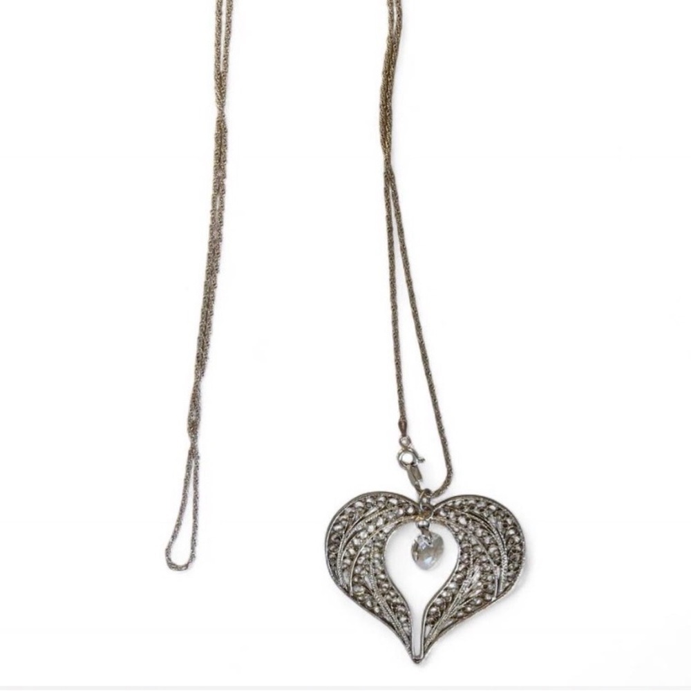 Vintage Sterling Silver 925 Filigree Heart Pendant Necklace Open Ornate 17”